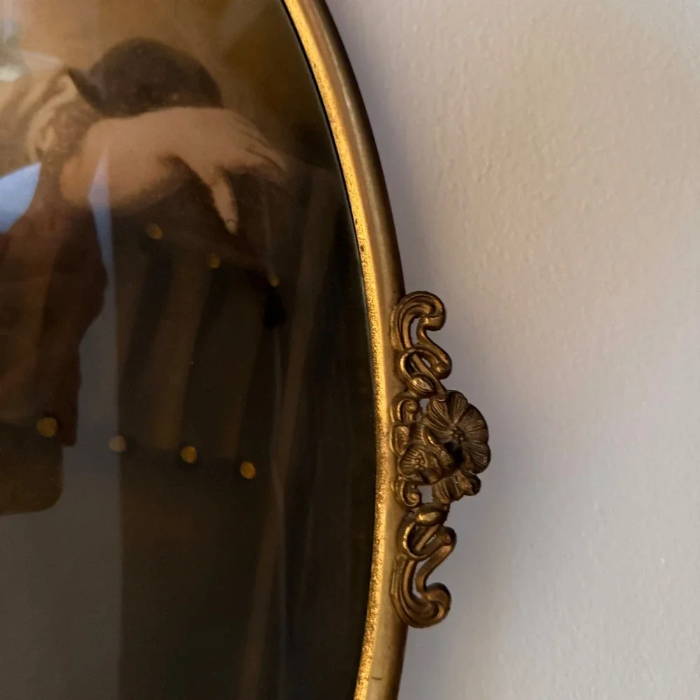 Antique Oval Bubble Glass Ornate Metal Frame Hand Colored Child Portrait Vintage